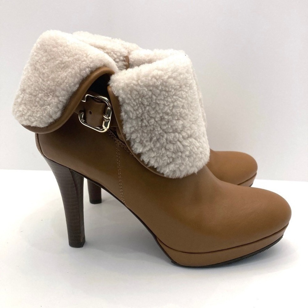 Brooks Brothers Ankle Booties Brown‎ Leather Shearling Fold Over Top Womens 7